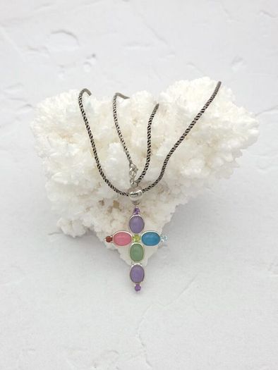 Vintage 925 Sterling Silver Multi Gemstone Cross Necklace