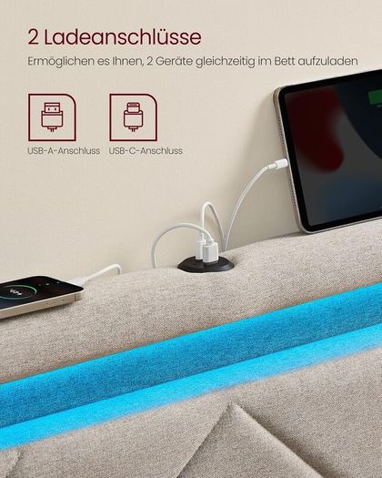 Double Bed Frame LED Metal Bed, 4 Drawers, Charging Station, Adjustable Padded Headboard Beige