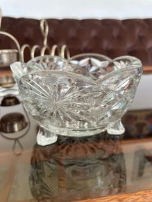 Vintage Pressed Cut Glass Footed Scalloped Starburst Sugar Candy Bowl England 1960s