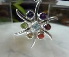 925 Silver Chakra Style 7 Stone Starburst Pendant Amethyst, Garnet, Peridot, Topaz etc.