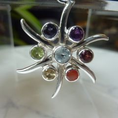925 Silver Chakra Style 7 Stone Starburst Pendant Amethyst, Garnet, Peridot, Topaz etc.