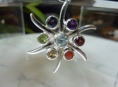 925 Silver Chakra Style 7 Stone Starburst Pendant Amethyst, Garnet, Peridot, Topaz etc.