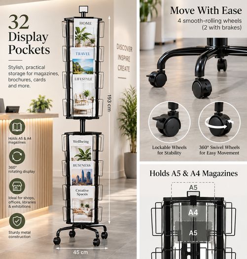 32 Pocket Rotating Magazine and Brochure Display Stand 193cm Mobile Retail Rack