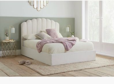 Double bed in boucle white ottoman gas lift