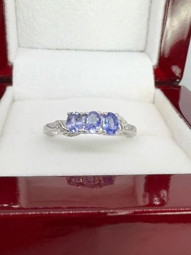 Silver Tanzanite Trilogy Ring in Platinum Overlay Sterling Silver.