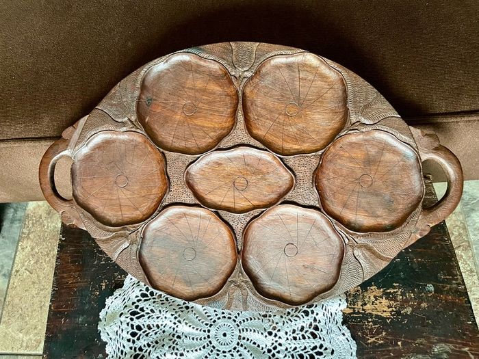 Superb Art Nouveau Style Vintage Handcarved Tray with Lilypad Design