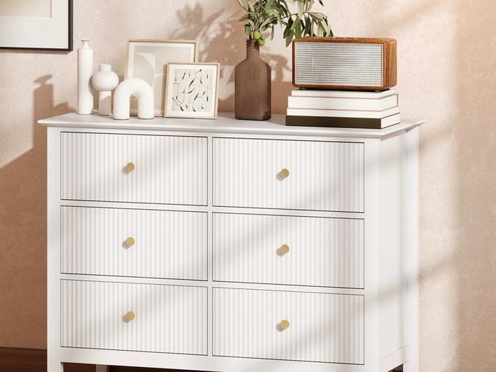 Fluted Dresser, 6 Drawer Chest of Drawers for Bedroom, Living Room, Hallway, Closet, White