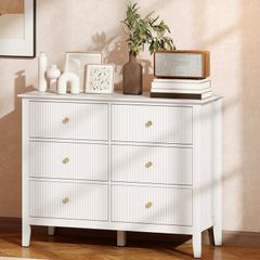 Fluted Dresser, 6 Drawer Chest of Drawers for Bedroom, Living Room, Hallway, Closet, White