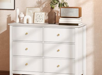 Fluted Dresser, 6 Drawer Chest of Drawers for Bedroom, Living Room, Hallway, Closet, White