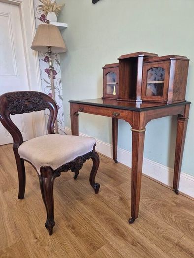 Edwardian inlaid writing desk& carved chair