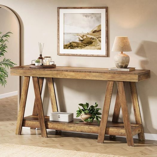140 cm Rustic Farmhouse Console Table with Lower Storage Shelf, Light Oak Brown Hallway & Entryway Table