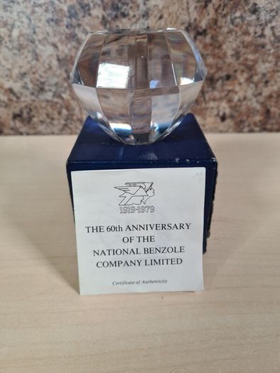 NATIONAL BENZOLE lead crystal Paperweight 60th anniversary  1979 diamond shape vintage