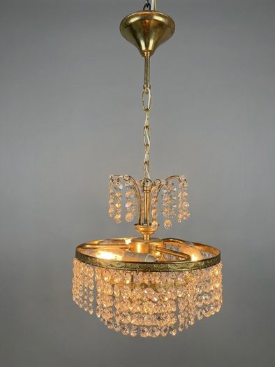 Vintage 1970s Brass & Crystal Chandelier