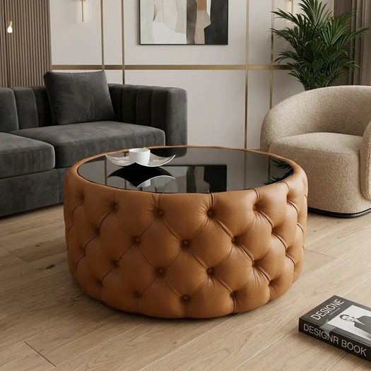 Round Velvet Coffee Table  Tinted Glass Top