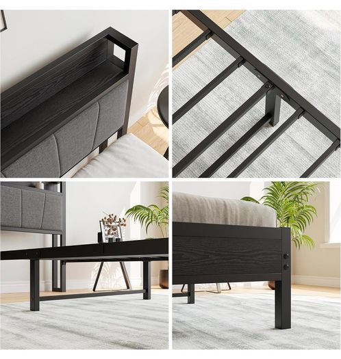 3ft Single Bed Frame with Storage Headboard,Heavy Duty Metal Upholstered Platform Bed Frame,Mattress Foundation/Strong Steel Slat Support/Under-bed Storage/Easy Assembly/Black