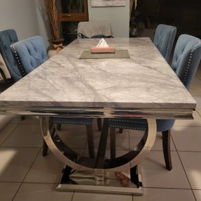 Grey marble dining table and 6 blue suede chairs