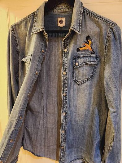 Pretty Green Embroidered Bird Vintage Denim Shirt with Pearl Effect Buttons XS Rare