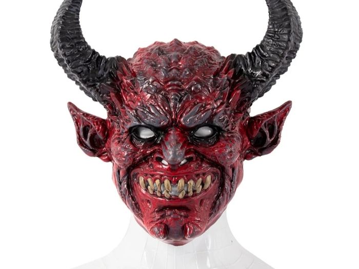 Red horror Devil latex mask spooky long horn devil cosplay for Halloween.