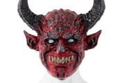 Red horror Devil latex mask spooky long horn devil cosplay for Halloween.
