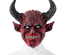 Red horror Devil latex mask spooky long horn devil cosplay for Halloween.