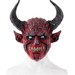 Red horror Devil latex mask spooky long horn devil cosplay for Halloween.