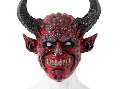 Red horror Devil latex mask spooky long horn devil cosplay for Halloween.