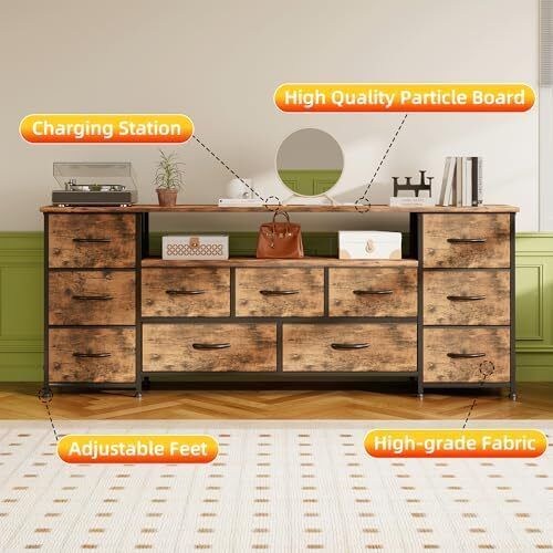 63 Tv Cabinet, Dresser for Bedroom with 11 Fabric Drawers, TV Stand with Power Socket for TVs up to 70", TV Units