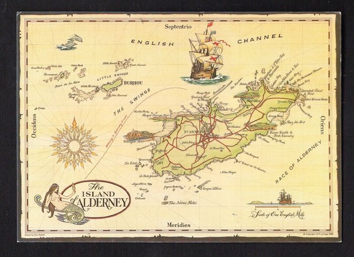 1989 Alderney 250th Anniversary of Batside's Survey of Alderney Commemorative Stamps on Alderney Postcard with first day of issue cancel. Probably unique