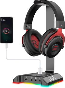 W1 RGB Headphones Stand Gaming Headset Stand with 7.1 Surround Sound, Desktop Headphone Holder with 3.5mm Aux and 2 USB Ports, Aluminum PC Gamer Headset Accessories
