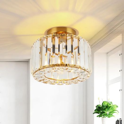 Ceiling Lights, Semi Flush K9 Crystal Chandelier Lamp with Metal Lampshade, E27 Gold Ceiling Lighting, Modern Light Fittings for Kitchen Hallway Living Room Bedroom Hall Home Decoration