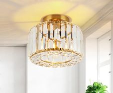 Ceiling Lights, Semi Flush K9 Crystal Chandelier Lamp with Metal Lampshade, E27 Gold Ceiling Lighting, Modern Light Fittings for Kitchen Hallway Living Room Bedroom Hall Home Decoration