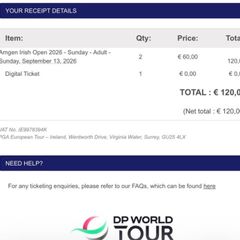 Sunday Irish Open Tickets X2 (Face Value)