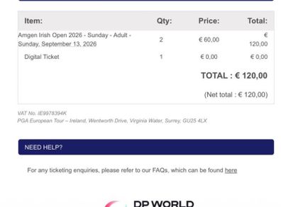Sunday Irish Open Tickets X2 (Face Value)