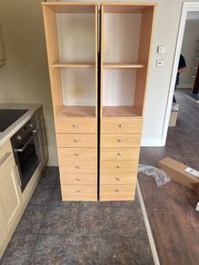 Pair of tall beech 6-drawer storage units with shelf