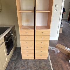 Pair of tall beech 6-drawer storage units with shelf