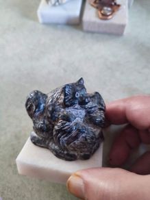 Vintage WOLF DESIGNS Bear with Cub Carving, Canada Figurine on marble plinth.