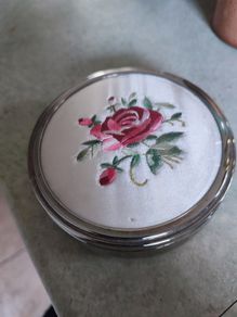 Vintage Trinket lined Box in Silver Tone with a Embroidered Flowers with Lid.