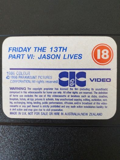 Friday The 13th Part VI JASON LIVES Horror Film VHS PAL Video Tape Cassette (SUPER ULTRA RARE) In This Exceptional Condition