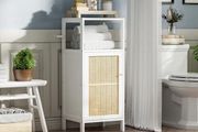 Floor Standing, Small Bathroom Cabinet Floor Standing with Rattan Doors, 4 Tier Narrow Side Storage Cabinet, Space Saving Cupboard for Laundry, Kitchen, Living Room (White)