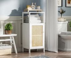 Floor Standing, Small Bathroom Cabinet Floor Standing with Rattan Doors, 4 Tier Narrow Side Storage Cabinet, Space Saving Cupboard for Laundry, Kitchen, Living Room (White)