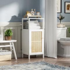 Floor Standing, Small Bathroom Cabinet Floor Standing with Rattan Doors, 4 Tier Narrow Side Storage Cabinet, Space Saving Cupboard for Laundry, Kitchen, Living Room (White)