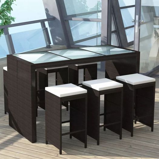 13-Piece Poly Rattan Bar Set Table and 6 Bar Stools Garden Furniture Brown / Black