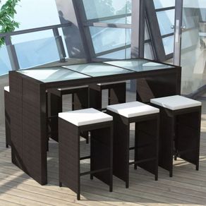 13-Piece Poly Rattan Bar Set Table and 6 Bar Stools Garden Furniture Brown / Black