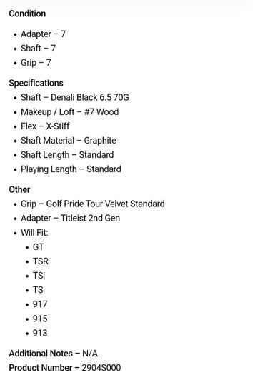 Project X Denali Black 6.5 70G X-Stiff #7 Wood Shaft / Titleist 2nd Gen