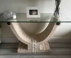 Set of 3 occasional tables stone base and glass top coffee hall and end