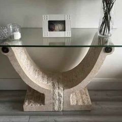 Set of 3 occasional tables stone base and glass top coffee hall and end