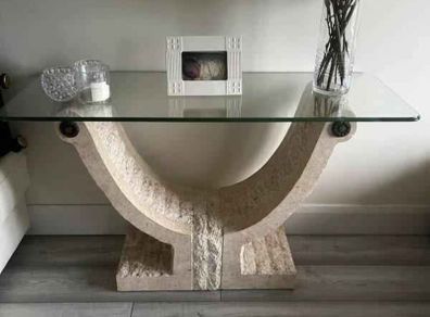 Set of 3 occasional tables stone base and glass top coffee hall and end
