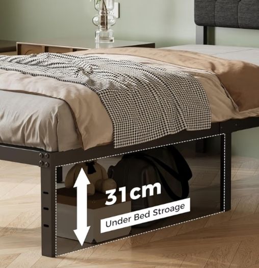 Single Bed Frame 3ft with Upholstered Headboard, 36 cm High, Heavy Duty Metal Bed Frame Single with Steel Slats, Ample Storage Underbed, Easy Assembly, Noise Free, Black