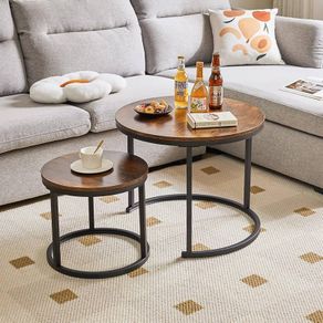 Round Nesting Table, Removable Set of 2 Coffee Tables, Stacking Sofa Side Table End Table, for Living Room, Bedroom, Office, Balcony, Apartment, Rustic Brown