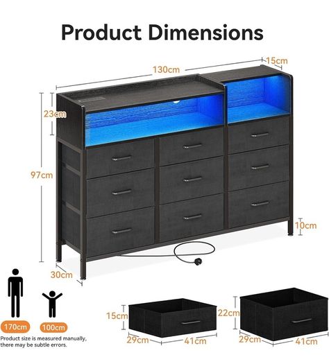 Black Chest of Drawers Bedroom, Dresser Cabinet with 2 Sockets, 2 USB Ports and 10 Colored LED Strips